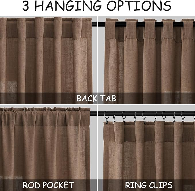 Nanspring Extra Long Caramel Brown Linen Curtains 2 Panels 102 Inches Long - Image 2