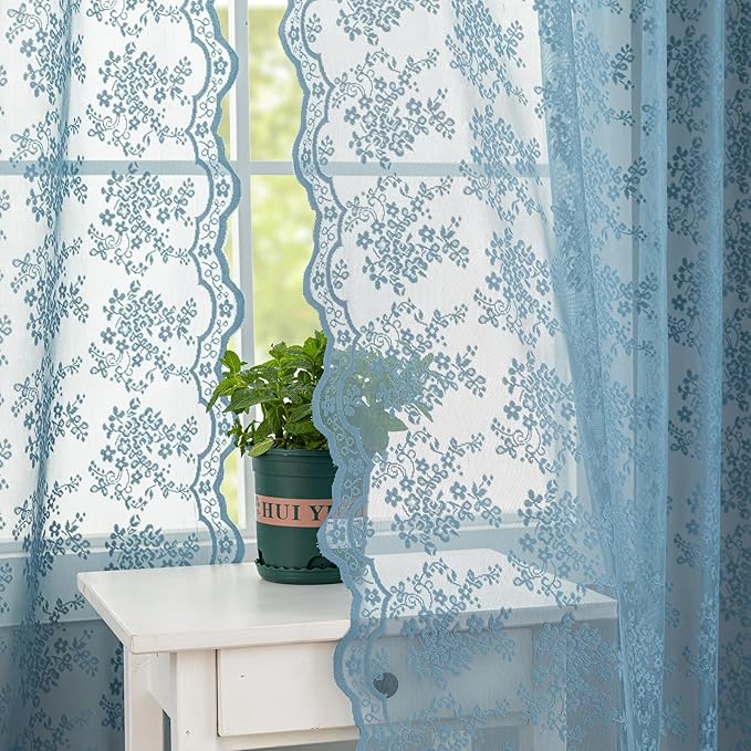 YJ YANJUN Vintage Lace Curtains 84 Inch Length-Dusty Blue Floral Sheer Curtains - Image 5