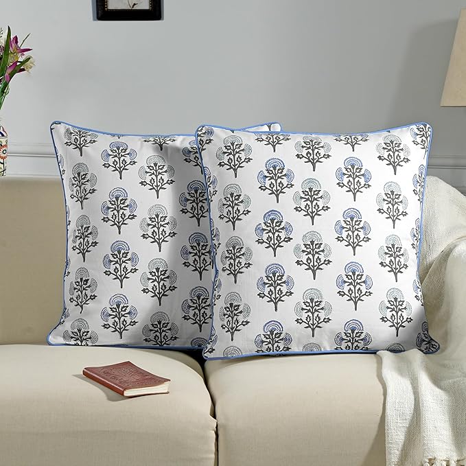 Ridhi Block Print Mughal Buta Blue Pillow Cover 16" x 16" Decorative Couch by Ridhi