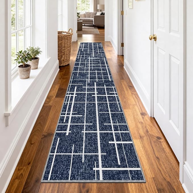 Non Slip Hallway Runner Rug 2.6x12, Modern Distressed Stripe, Washable Extra by TTelephant