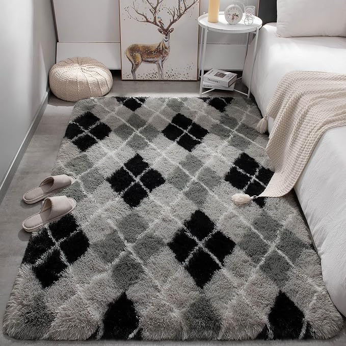 Meralax Black and Grey Checkered Area Rug, Geometric 4x6 Soft Fluffy Rugs - Image 3