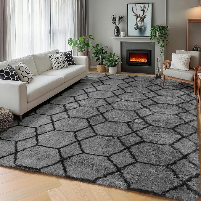 ONASAR 5x7 Area Rugs for Living Room Bedroom, Fluffy Grey and Black Throw Rug by ONASAR