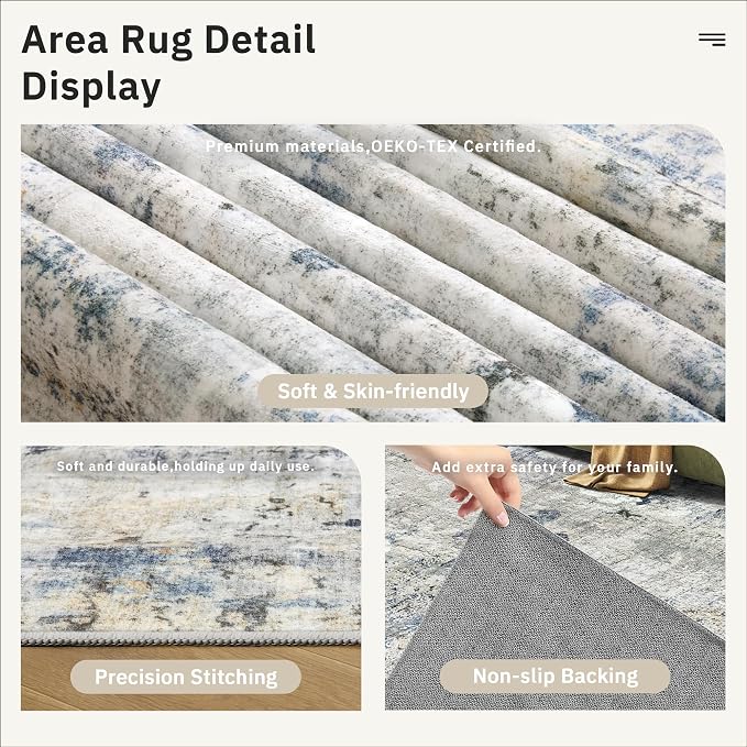 Abstract Rug 5x7 Machine Washable Area Indoor Blue Yellow Low Pile Non-Slip - Image 6