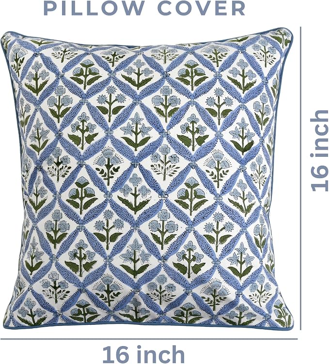 Ridhi Block Print Light Steel Blue Pillow Cover 16" x 16" Decorative Couch - Image 3