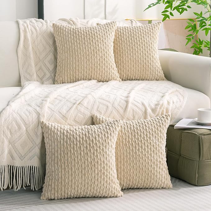 Set of 4 Beige Decorative Throw Pillow Covers 18x18 Inch Corduroy Pillow Covers - Image 2