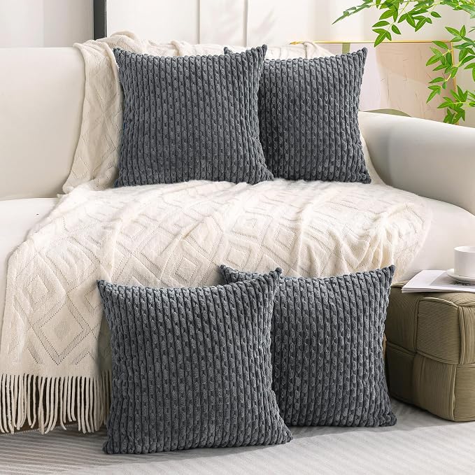 Set of 4 Medium Grey Decorative Throw Pillow Covers 18x18 Inch Corduroy Pillow - Image 2