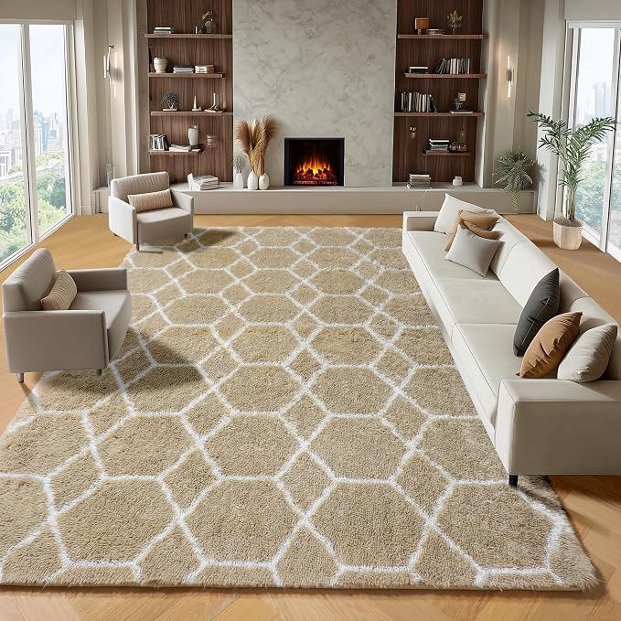 ONASAR Large Area Rugs for Living Room, Fluffy 7x10 Beige and White Thick Floor - Image 3
