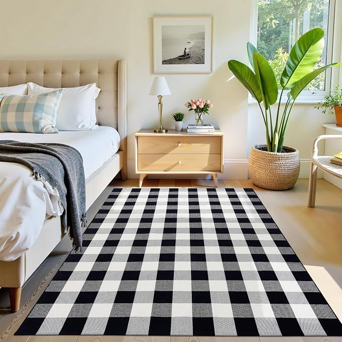 OLANLY Buffalo Plaid Rug 5' x 7' – Black and White Cotton Checkered Doormat - Image 9