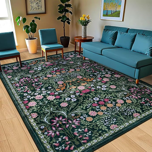 10x12 Area Rugs for Living Room: Floral Washable Rug Vintage Large Soft Boho - Image 2