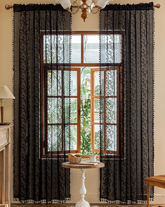 WAZZIO Boho Lace Curtains 84 Inch -Vintage Victorian Sheer Panel Drape Floral - Image 3