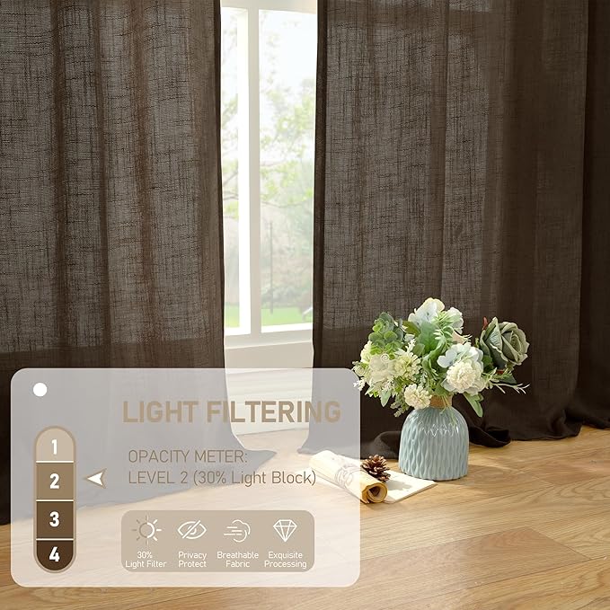 LAMIT Dark Brown Linen Curtains 54 Inch Length 2 Panels, Light Filtering Panels - Image 4