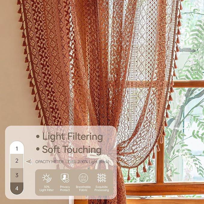 WAZZIO Boho Lace Curtains 84 Inches 2 Panel, Light Filtering Privacy Tassel & - Image 4