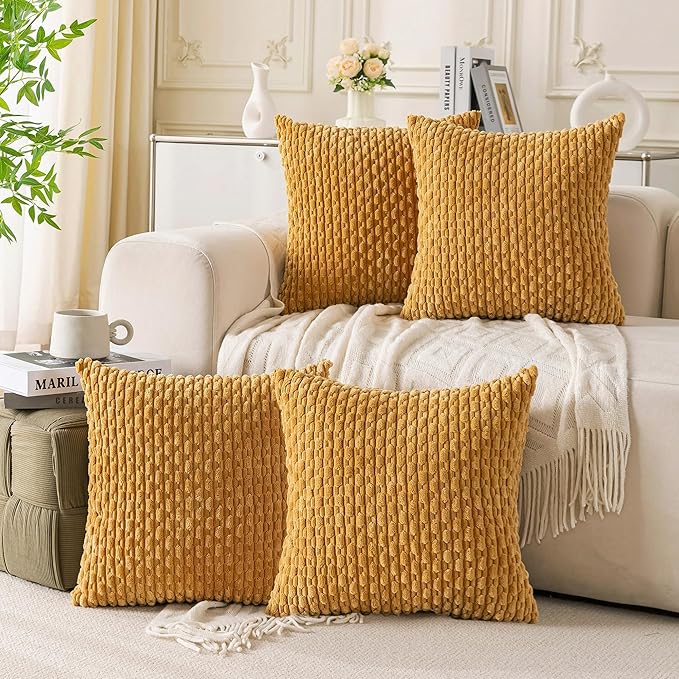 Set of 4 Mustard Yellow Decorative Throw Pillow Covers 24x24 Inch Corduroy by Cozoomy