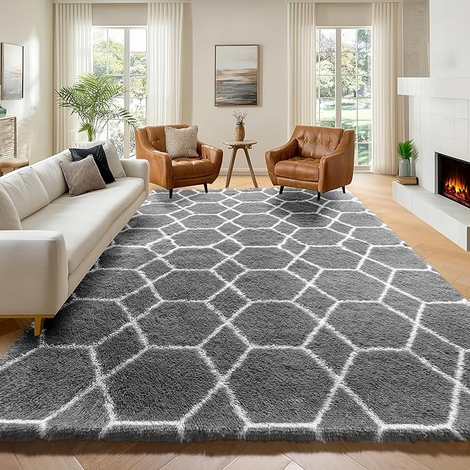 ONASAR 7x9 Area Rugs for Living Room Bedroom, Large Fluffy Grey and White Throw by ONASAR