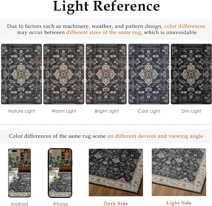 PureCozy Black 8x10 Area Rug Washable Vintage Carpet Living Room Large Indoor - Image 8