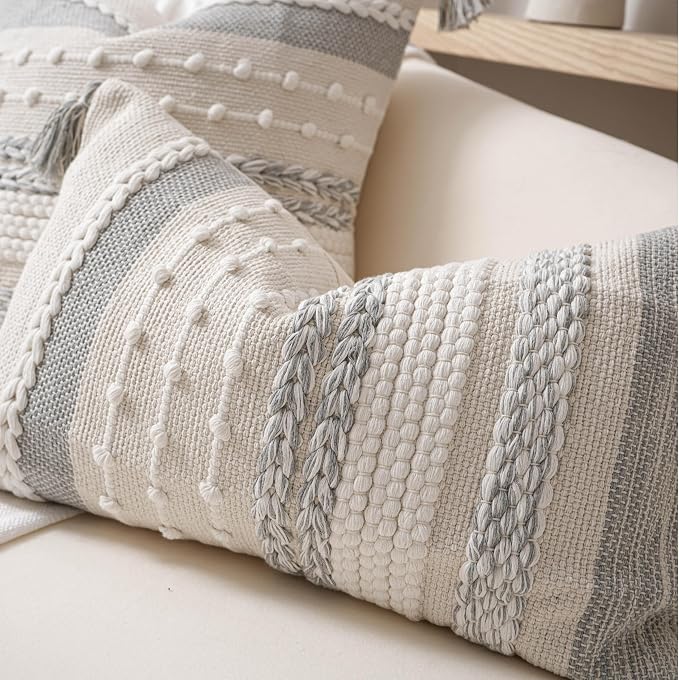 BlissBlush Gray Boho Decorative Throw Pillow Cover 20x20 Square Farmhouse - Image 6