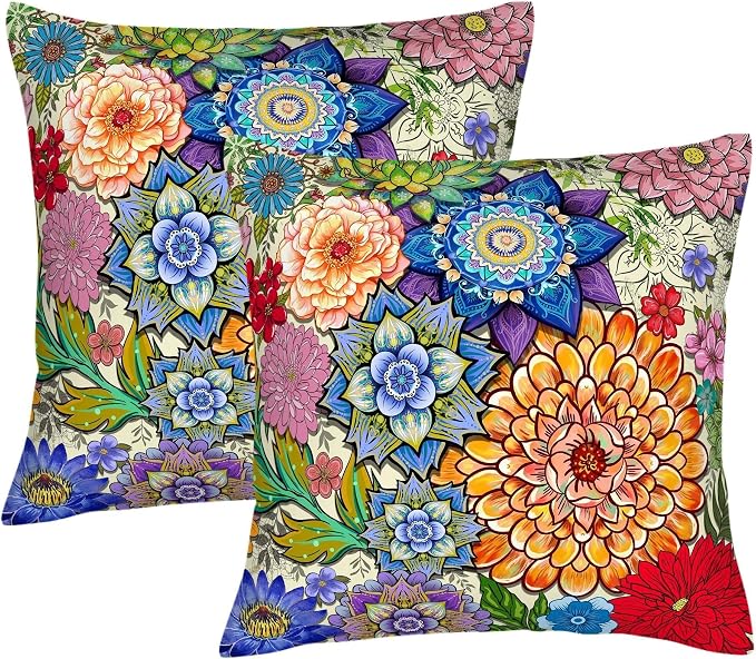 Colorful Boho Mandala Floral Throw Pillow Covers 18x18 Set of 2, Spring Easter by Unknown