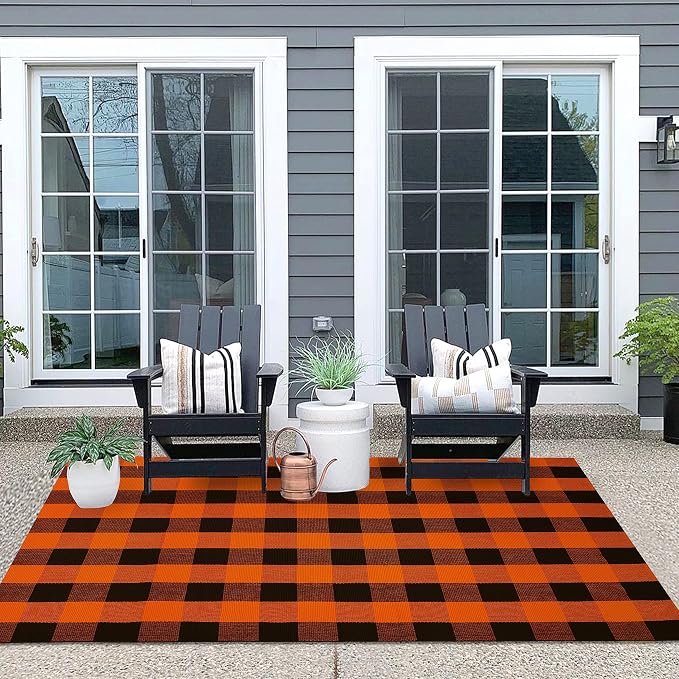 IOHOUZE Fall Buffalo Plaid Check Rug Outdoor Doormat 4x6 Ft Washable Woven - Image 4