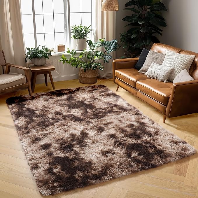 Amdrebio Tie-Dyed Brown Rugs for Bedroom Living Room, 5x7 Fluffy Shaggy Plush - Image 4