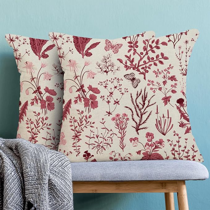 Christmas Pillow Covers 18x18 Inch Set of 2, Burgundy Red Wild Flower Plant - Image 2