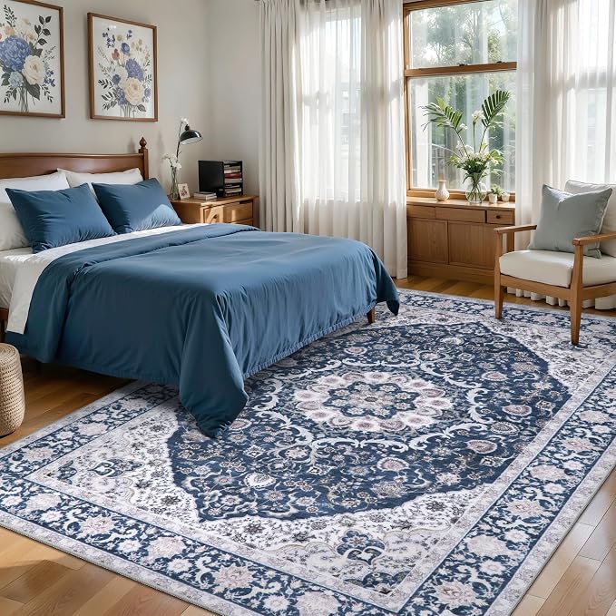 Tangsoo 5x7 Area Rug for Living Room Non Slip, Washable Vintage Blue Floral Rug - Image 2