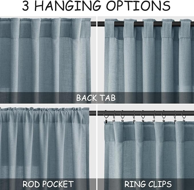 Nanspring Light Blue Linen Curtains 102 Inches Long Rod Pocket Back Tab Drapes - Image 2