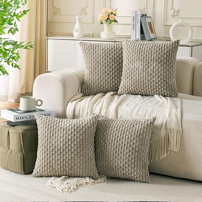 Set of 4 Taupe Decorative Throw Pillow Covers 22x22 Inch Corduroy Pillow Covers by Cozoomy