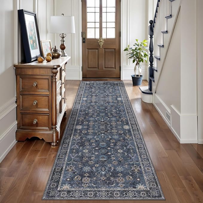 Tangsoo Washable Runner Rug for Hallway Non Slip, 2x8 Navy Blue Rug Floral by Tangsoo