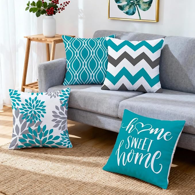 Hexagram Geometric Teal Pillow Covers 20x20 Set of 4, Decorative Outdoor Boho - Image 6