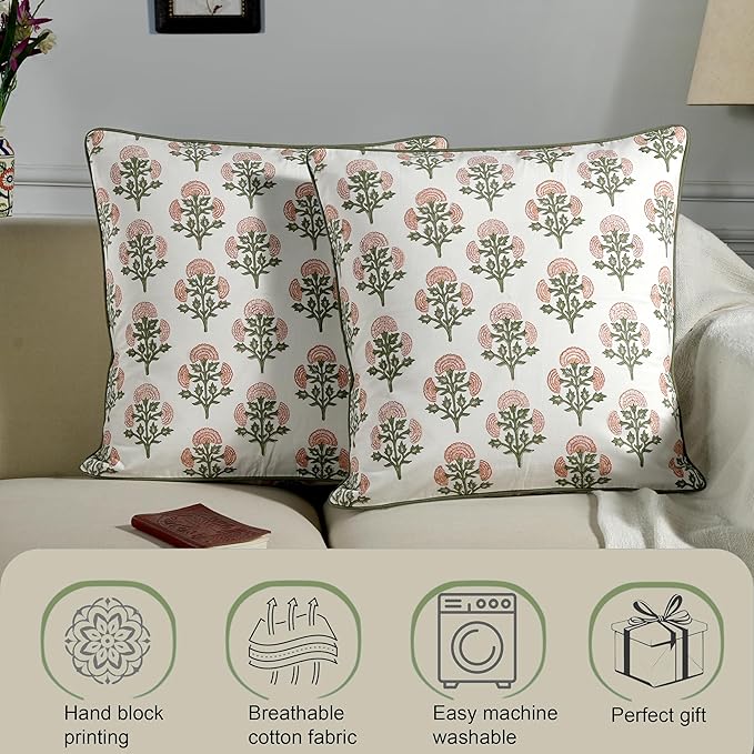 Ridhi Block Print Mughal Buta Peach Pillow Cover 16" x 16" Decorative Couch - Image 6