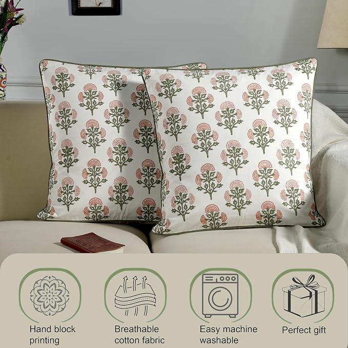 Ridhi Block Print Mughal Buta Peach Pillow Cover 18" x 18" Decorative Couch - Image 6