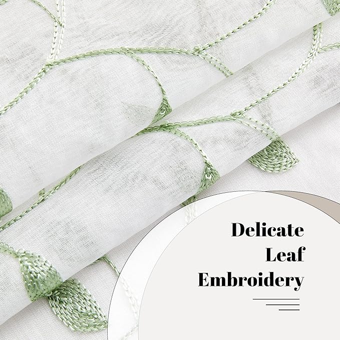 MRTREES Sheer Voile Curtain Valances 2 Panels, Sage Green Leaves Embroidered - Image 3