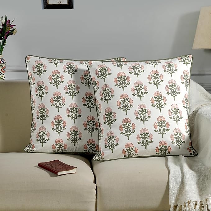 Ridhi Block Print Mughal Buta Peach Pillow Cover 18" x 18" Decorative Couch - Image 2
