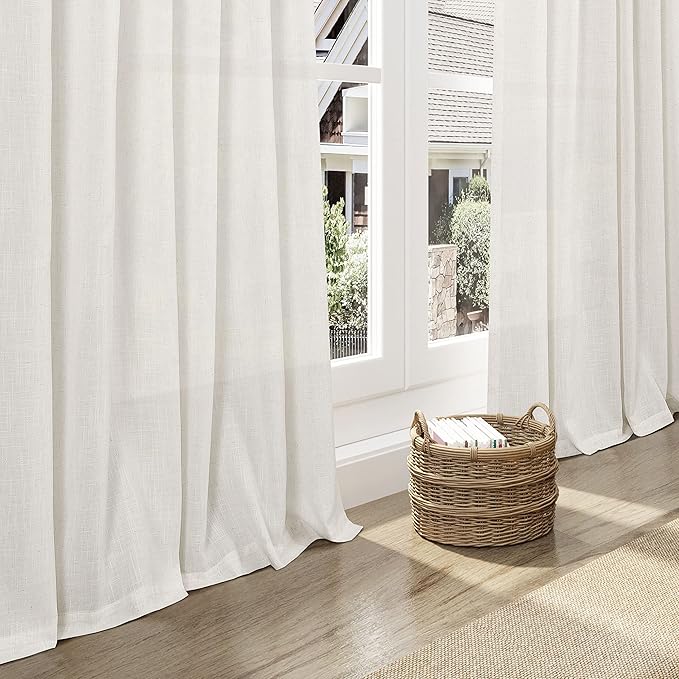 Cream Linen Curtains 84 Inch Length 2 Panels Back Tab Rod Pocket Semi Sheer - Image 6