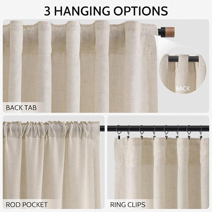 Cream Beige Linen Curtains for Living Room 98 Inches Long Light Filtering Semi - Image 2