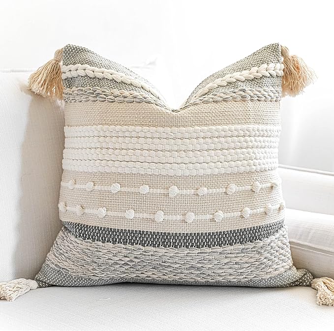 BlissBlush Gray Boho Throw Pillow Cover 22x22, Square Woven Textured Pillowcase by BlissBlush
