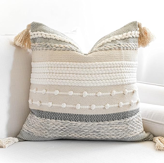 BlissBlush Gray Boho Throw Pillow Cover 20x20 Grey Decorative Accent Pillow by BlissBlush
