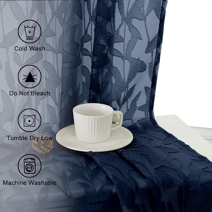 Lecloud Leia Navy Blue Sheer Curtains 90 Inches Long 2 Panels, Airy Leaf - Image 9