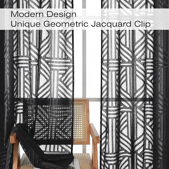 Simplebrand Black Semi Sheer Curtains 54 Inch Length 2 Panels, Geometric - Image 3