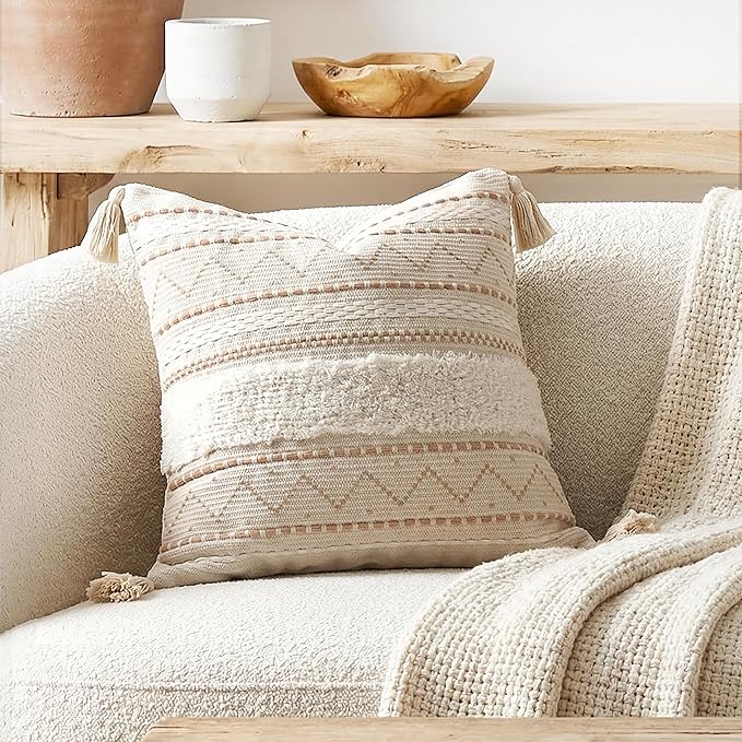 BlissBlush 20X20 Throw Pillow Cover, Cream Neutral Beige Square Decorative by BlissBlush