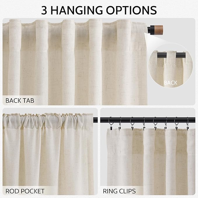 Birch Beige Linen Curtains for Living Room 98 Inches Long Light Filtering Semi - Image 2