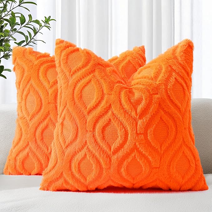 decorUhome Throw Pillow Covers 16x16 Inch Set of 2, Soft Plush Faux Wool Orange by decorUhome