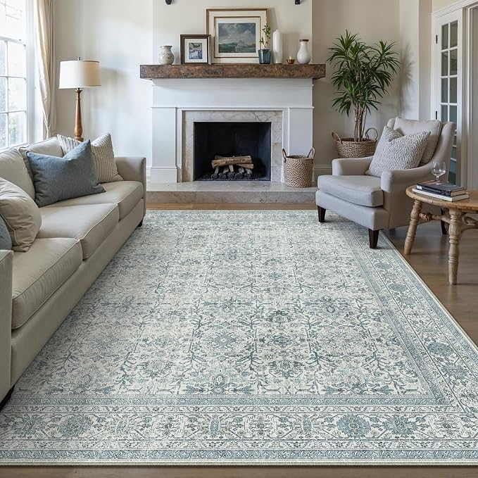PureCozy Area Rug 6x9 Blue Washable Living Room Carpet Soft Non Slip Vintage by PureCozy