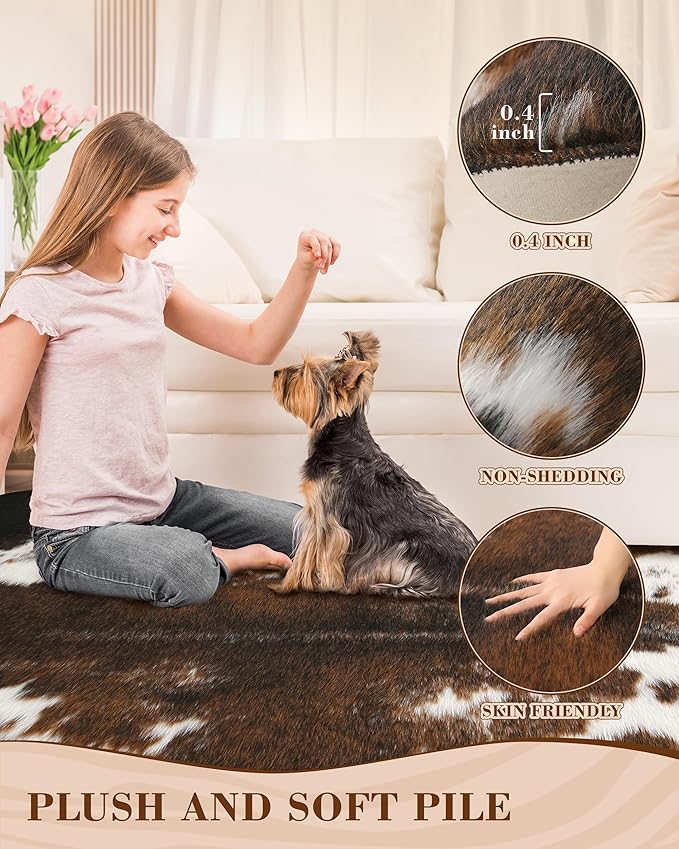 Faux Cowhide Rug, Fluffy Fur 5.2x6.2 Feet Washable Cow Print Rug - Image 2