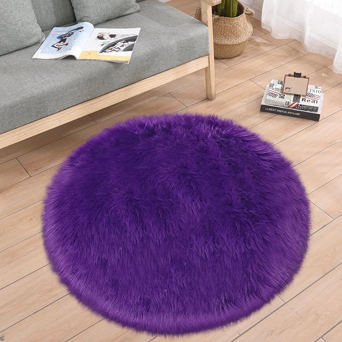 Fluffy Purple Round Rug 3ft Faux Small Fur Circle Rugs - Image 3