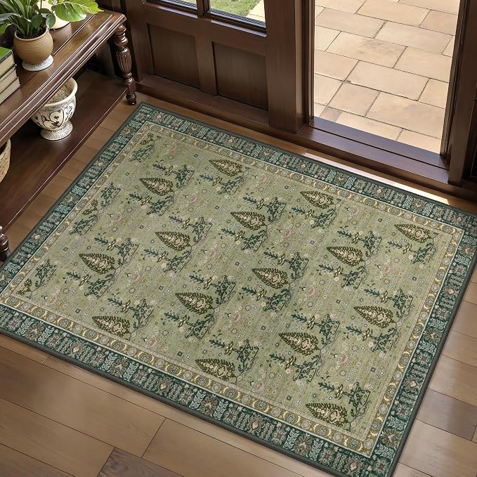 Tangsoo 2x3 Small Washable Entry Rug, Vintage Boho Green Floral Rug by Tangsoo