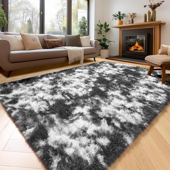 Amdrebio Black White Grey Rugs for Living Room Bedroom, 9x12 Big Fluffy Shaggy - Image 8