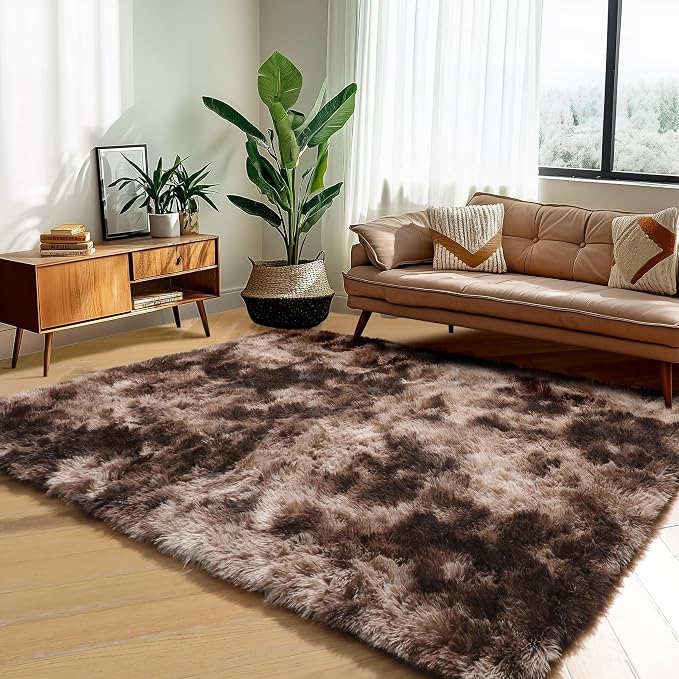Amdrebio Tie-Dyed Brown Rugs for Bedroom Living Room, 8x10 Large Fluffy Shaggy - Image 5