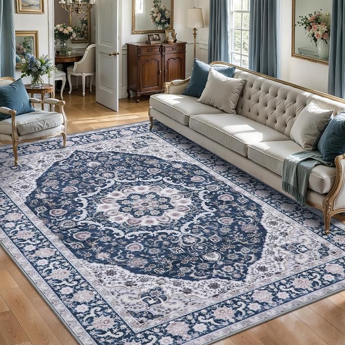 Tangsoo 5x7 Area Rug for Living Room Non Slip, Washable Vintage Blue Floral Rug by Tangsoo