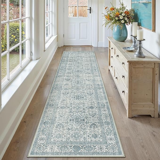 PureCozy Blue Runner Rug 2x8 Hallway Washable Carpet Soft Vintage Indoor - Image 2